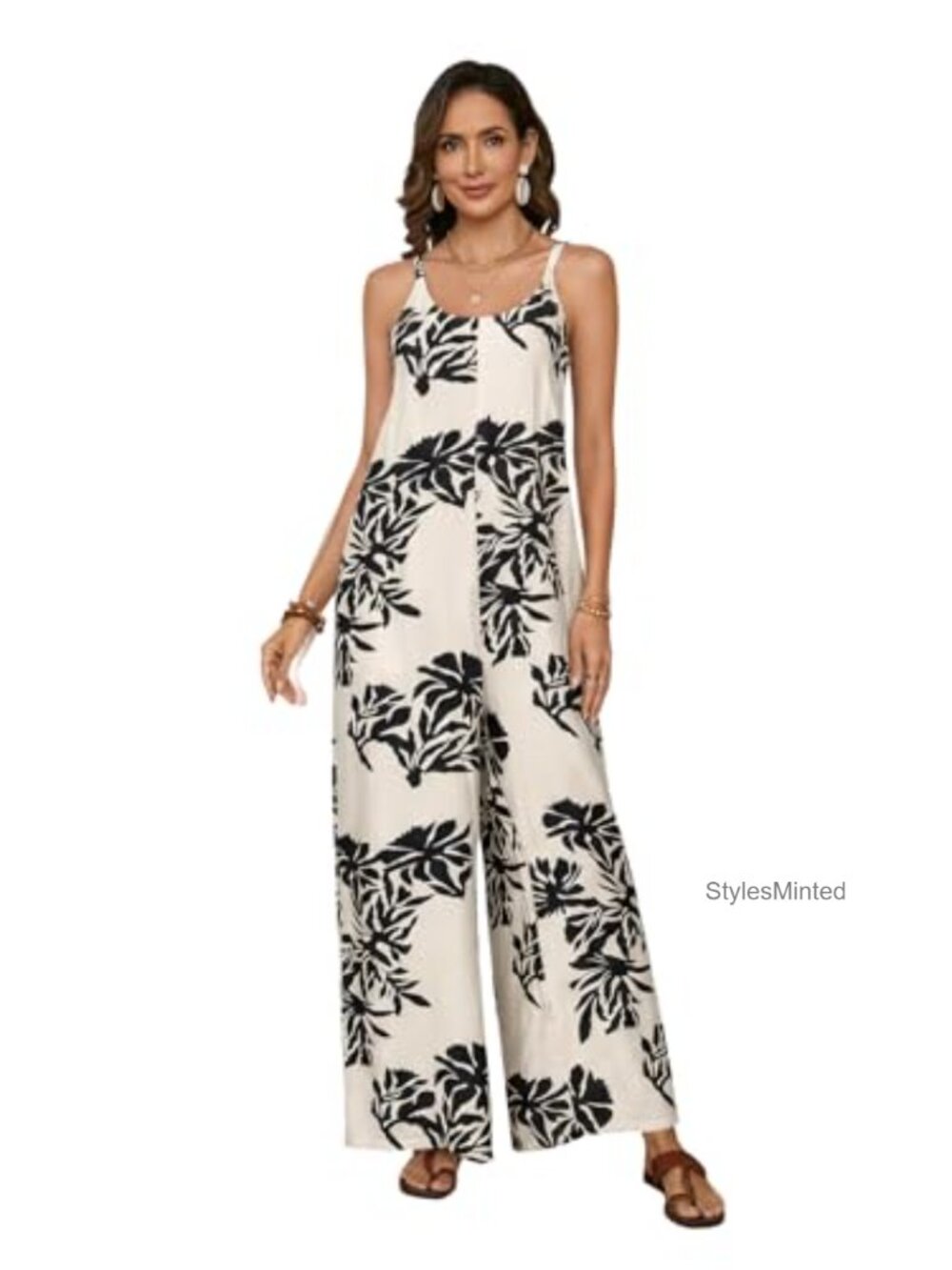 Wide Leg Jumpsuit Tropical Print Spaghetti Strap Boho Romper with Pockets